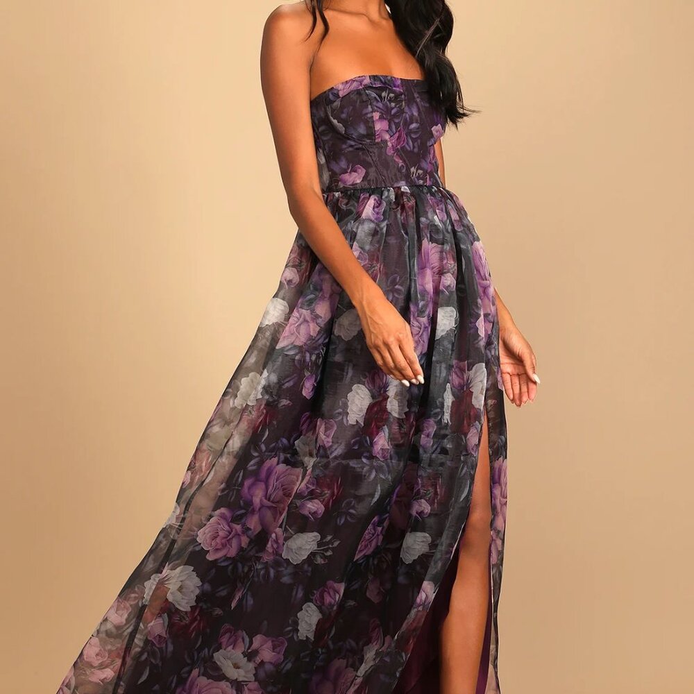Lulus Wonderful Waltz Purple Floral Print Strapless Bustier Maxi Dress - Size L